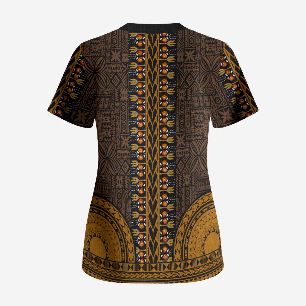 Gold Dashiki and Tapa Pattern Scrub Top Africa-Polynesia Together Culture
