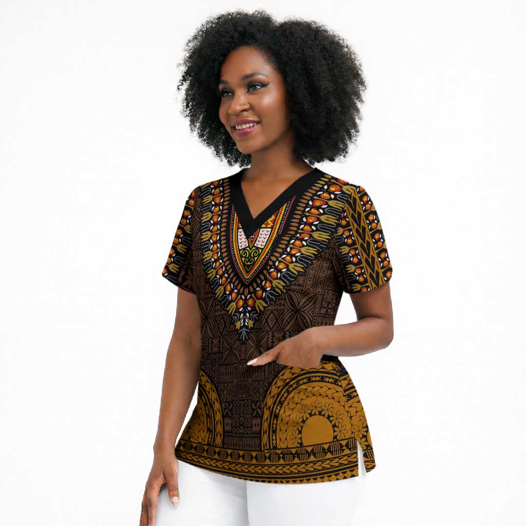 Gold Dashiki and Tapa Pattern Scrub Top Africa-Polynesia Together Culture