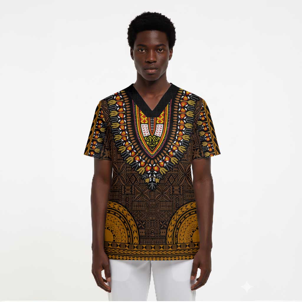 Gold Dashiki and Tapa Pattern Scrub Top Africa-Polynesia Together Culture