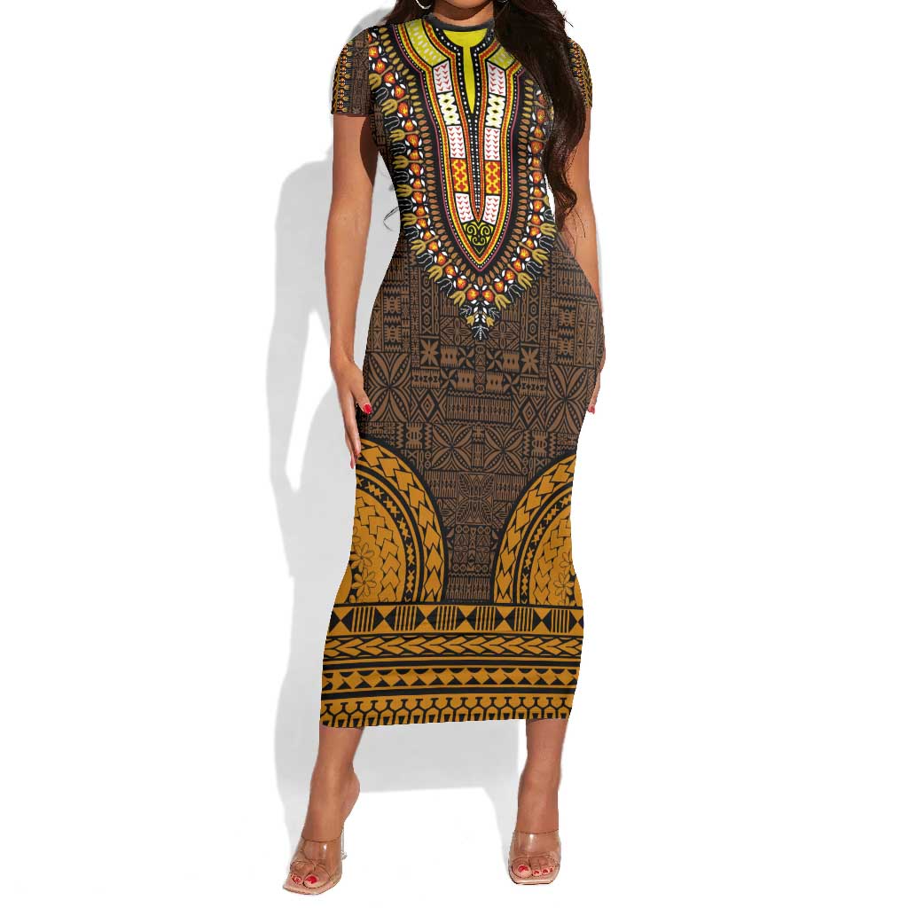 Gold Dashiki and Tapa Pattern Short Sleeve Bodycon Dress Africa-Polynesia Together Culture LT9