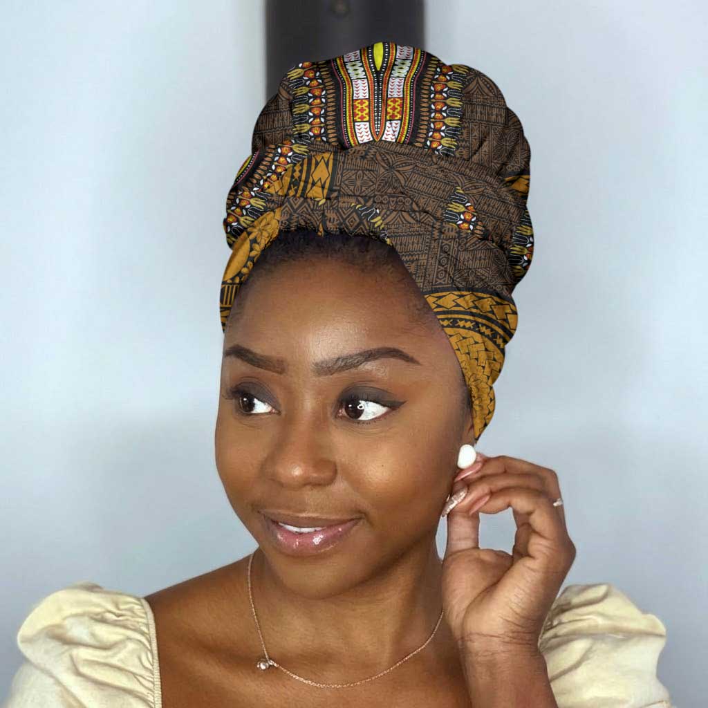 Gold Dashiki and Tapa Pattern Simple Headwrap Africa and Polynesia Together Culture