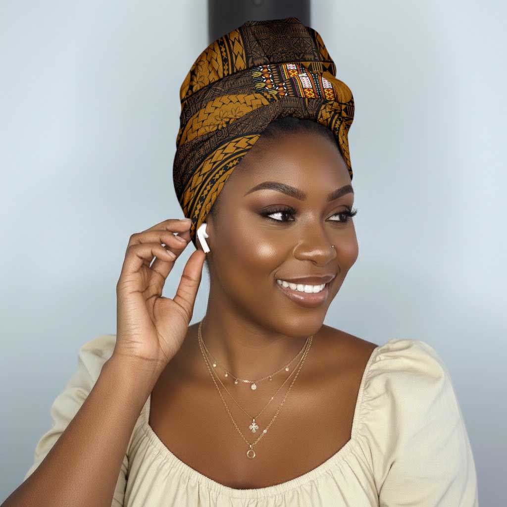 Gold Dashiki and Tapa Pattern Simple Headwrap Africa and Polynesia Together Culture