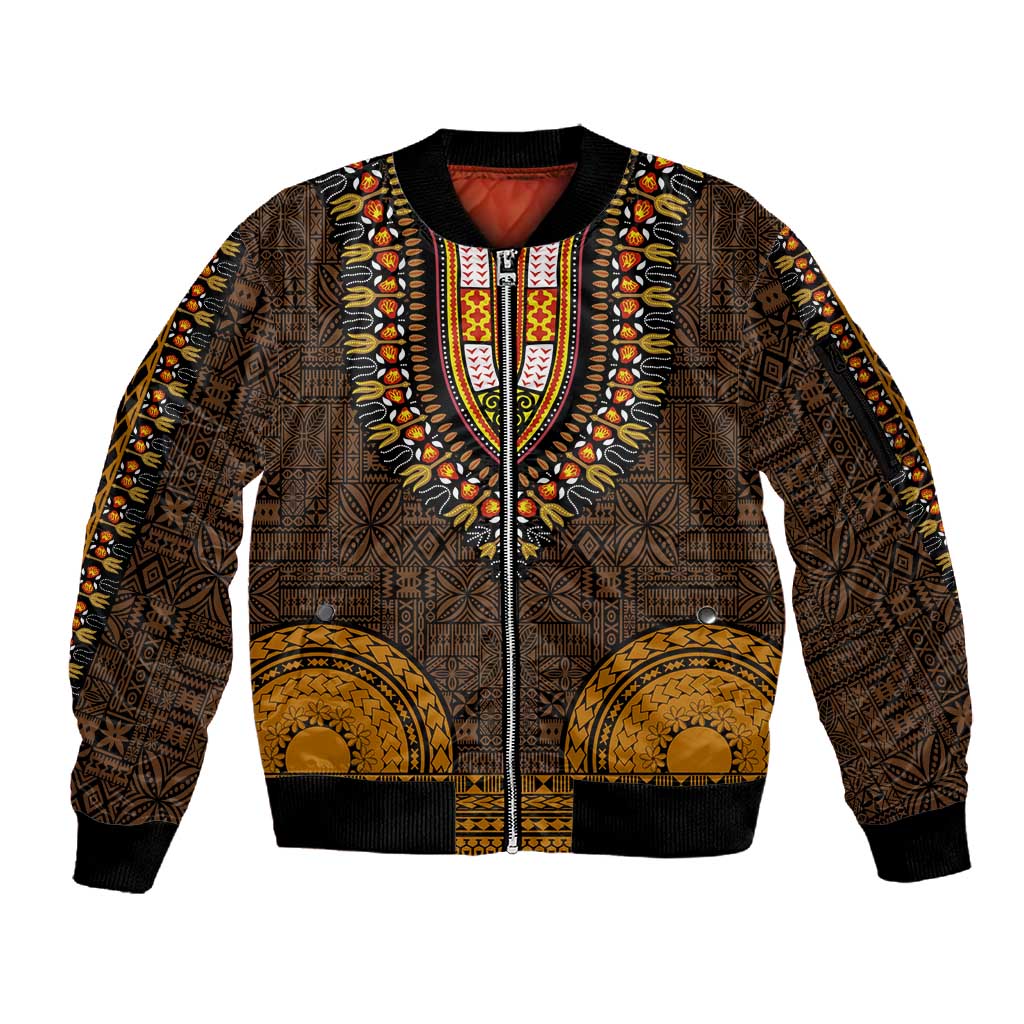 Gold Dashiki and Tapa Pattern Sleeve Zip Bomber Jacket Africa-Polynesia Together Culture