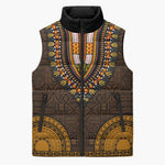 Gold Dashiki and Tapa Pattern Sleeveless Puffer Jacket Africa-Polynesia Together Culture