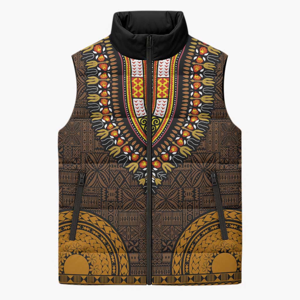 Gold Dashiki and Tapa Pattern Sleeveless Puffer Jacket Africa-Polynesia Together Culture