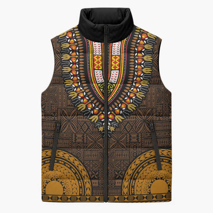 Gold Dashiki and Tapa Pattern Sleeveless Puffer Jacket Africa-Polynesia Together Culture