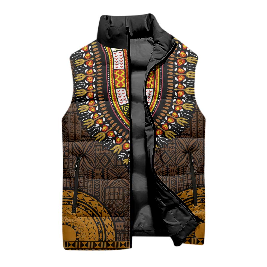 Gold Dashiki and Tapa Pattern Sleeveless Puffer Jacket Africa-Polynesia Together Culture