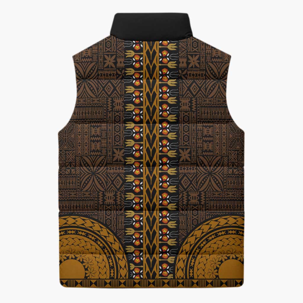 Gold Dashiki and Tapa Pattern Sleeveless Puffer Jacket Africa-Polynesia Together Culture