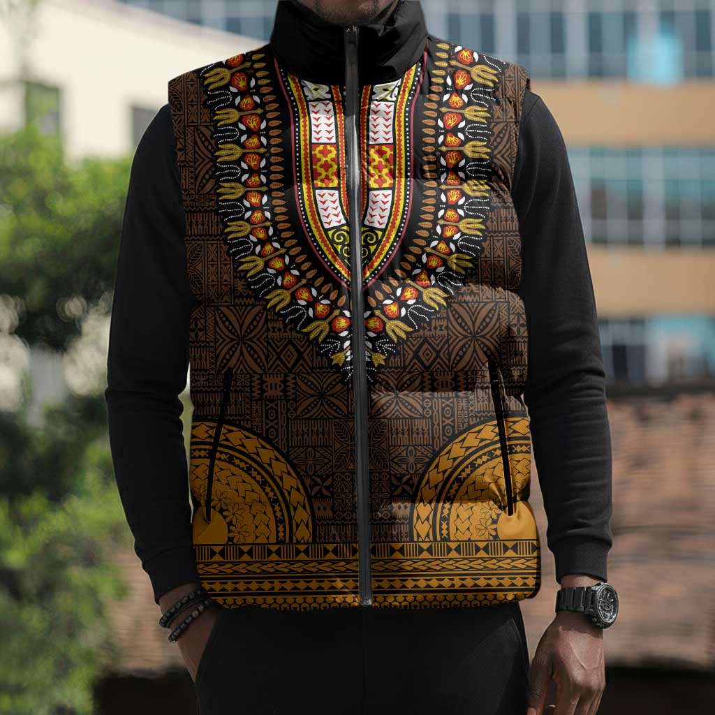 Gold Dashiki and Tapa Pattern Sleeveless Puffer Jacket Africa-Polynesia Together Culture