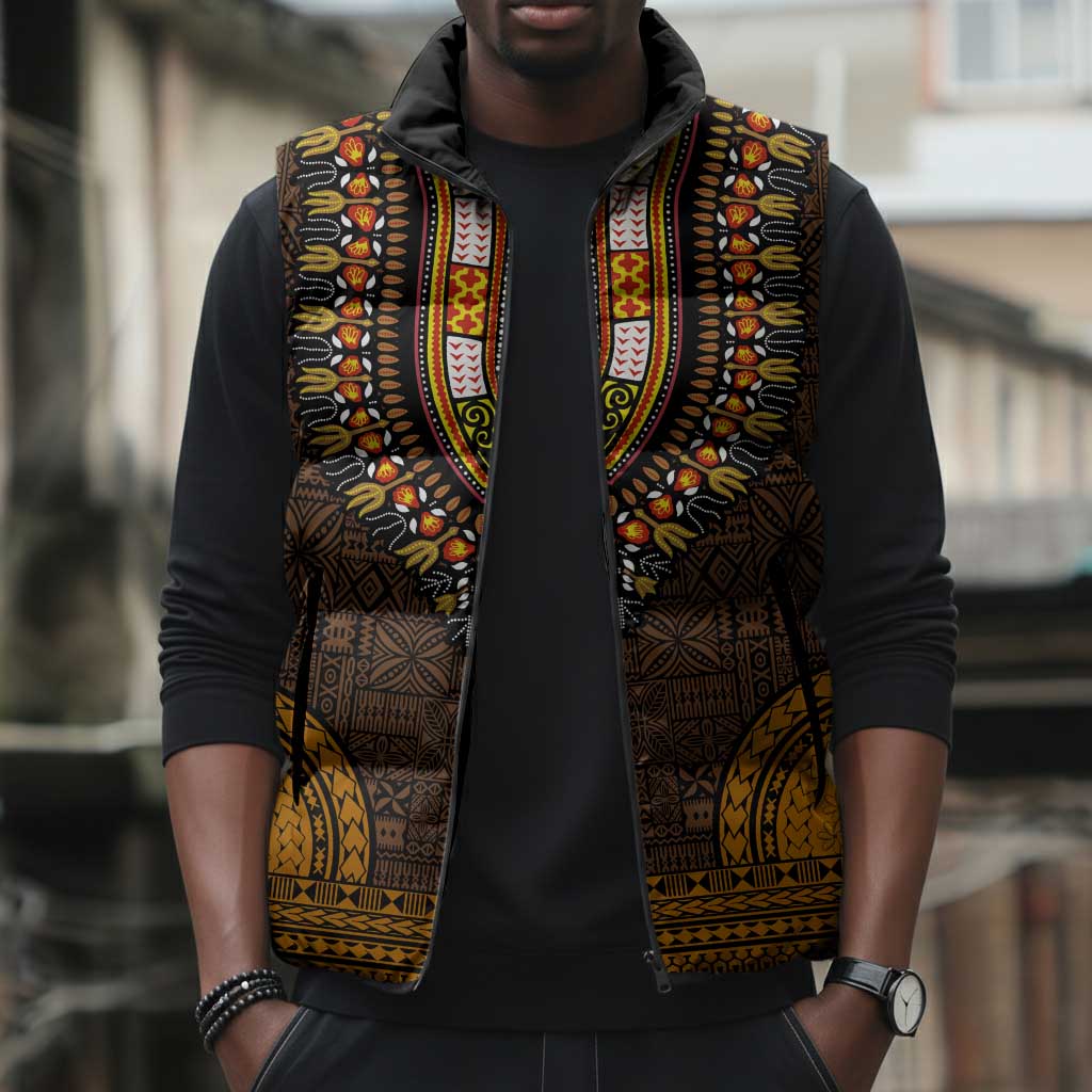 Gold Dashiki and Tapa Pattern Sleeveless Puffer Jacket Africa-Polynesia Together Culture
