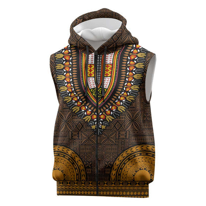 Gold Dashiki and Tapa Pattern Sleeveless Zip Hoodie Africa-Polynesia Together Culture - African Pride