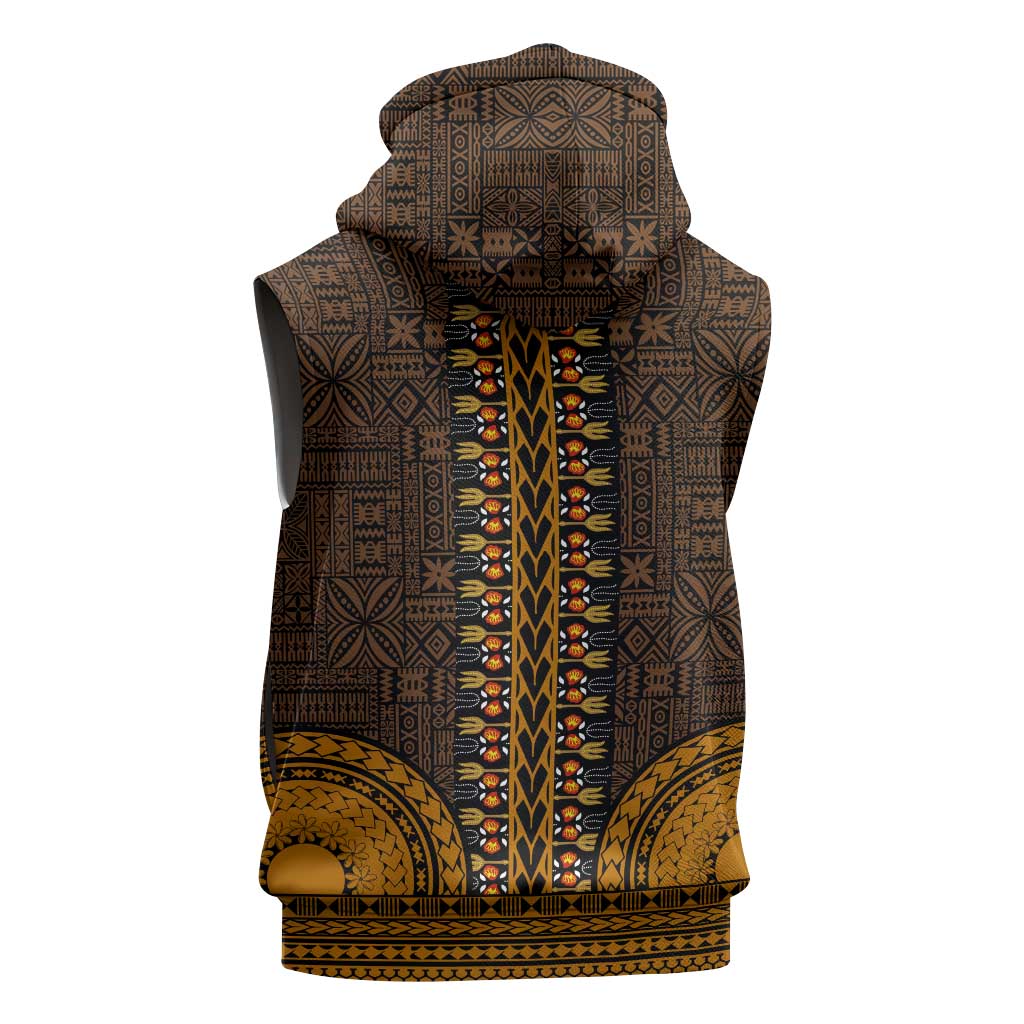 Gold Dashiki and Tapa Pattern Sleeveless Zip Hoodie Africa-Polynesia Together Culture - African Pride