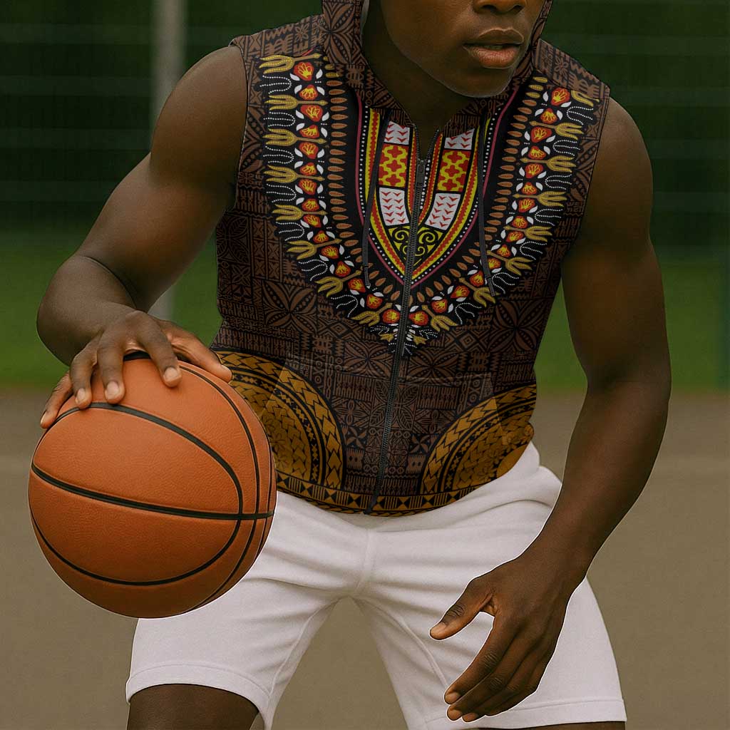 Gold Dashiki and Tapa Pattern Sleeveless Zip Hoodie Africa-Polynesia Together Culture - African Pride