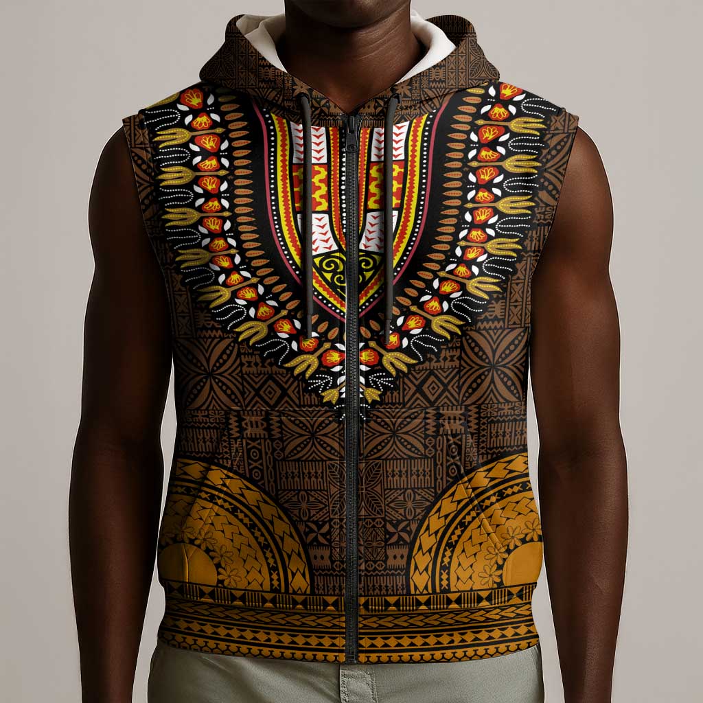 Gold Dashiki and Tapa Pattern Sleeveless Zip Hoodie Africa-Polynesia Together Culture - African Pride