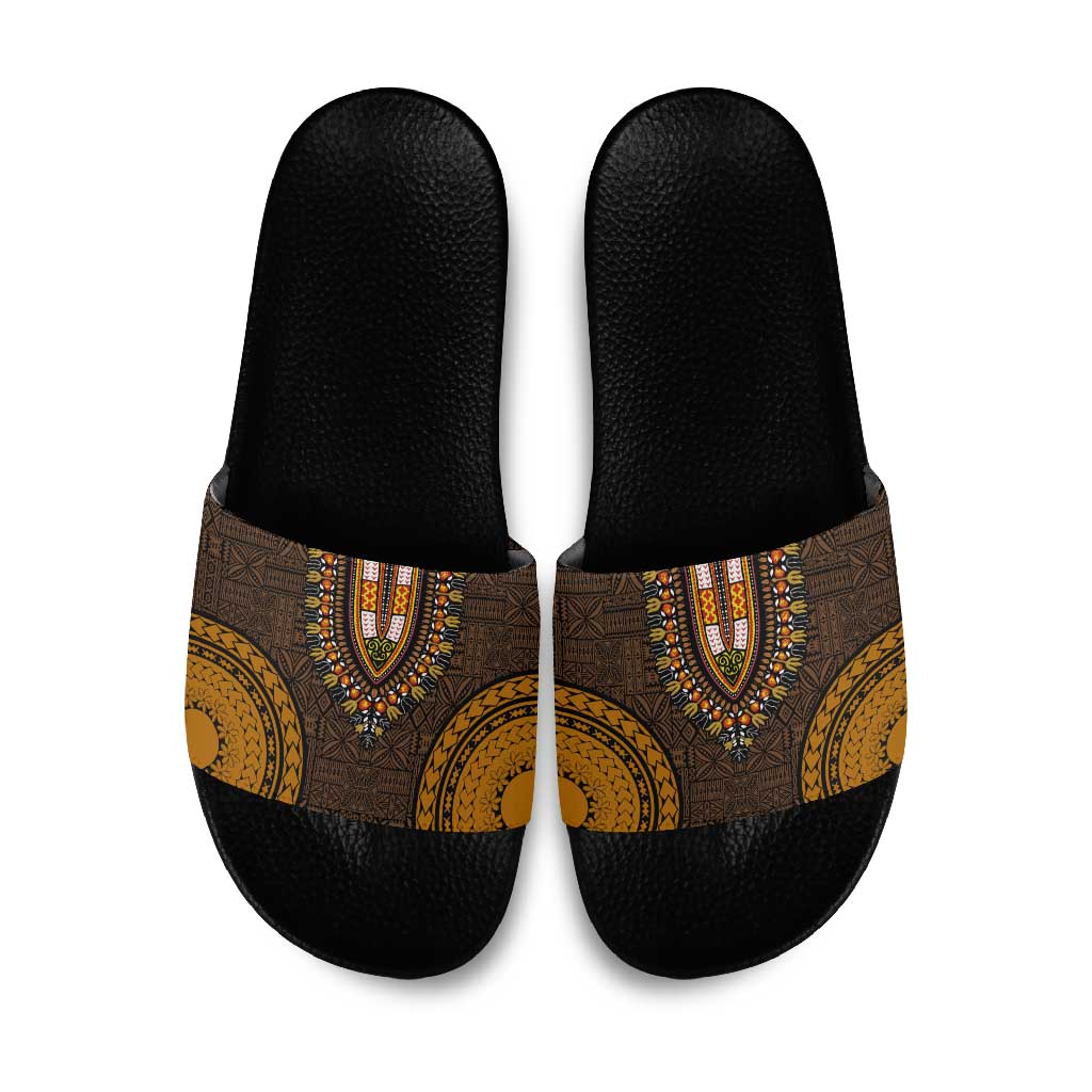 Gold Dashiki and Tapa Pattern Slide Sandals Africa-Polynesia Together Culture