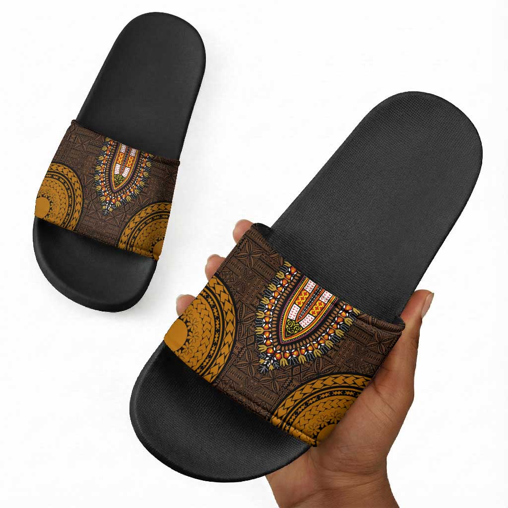 Gold Dashiki and Tapa Pattern Slide Sandals Africa-Polynesia Together Culture