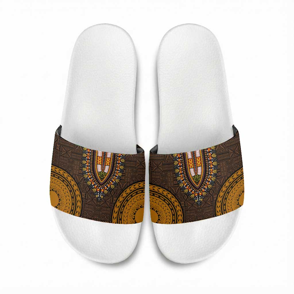 Gold Dashiki and Tapa Pattern Slide Sandals Africa-Polynesia Together Culture
