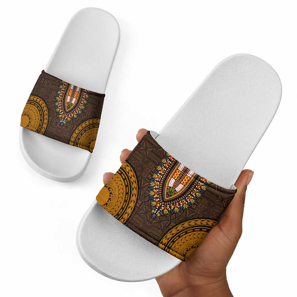 Gold Dashiki and Tapa Pattern Slide Sandals Africa-Polynesia Together Culture