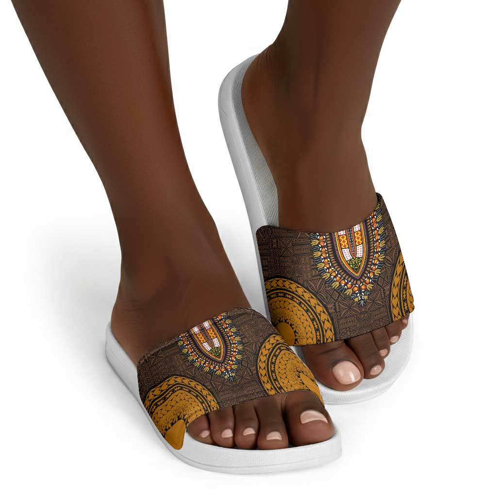 Gold Dashiki and Tapa Pattern Slide Sandals Africa-Polynesia Together Culture