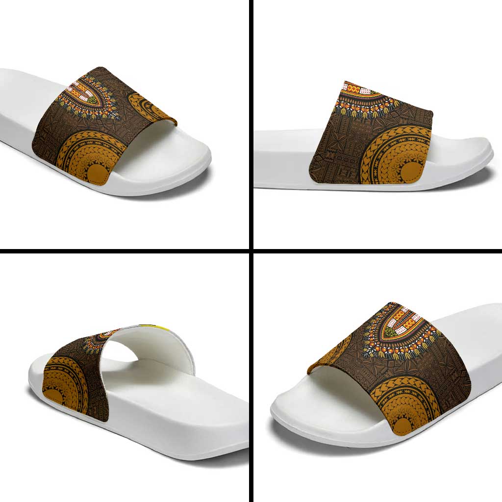 Gold Dashiki and Tapa Pattern Slide Sandals Africa-Polynesia Together Culture