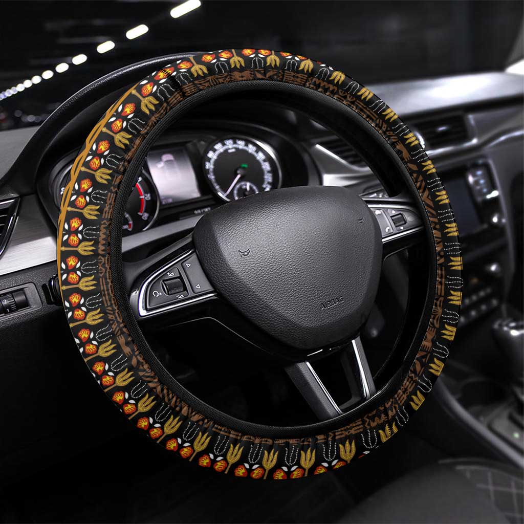 Gold Dashiki and Tapa Pattern Steering Wheel Cover Africa-Polynesia Together Culture