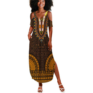 Gold Dashiki and Tapa Pattern Summer Maxi Dress Africa-Polynesia Together Culture