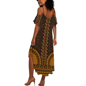 Gold Dashiki and Tapa Pattern Summer Maxi Dress Africa-Polynesia Together Culture