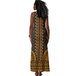 Gold Dashiki and Tapa Pattern Tank Maxi Dress Africa-Polynesia Together Culture