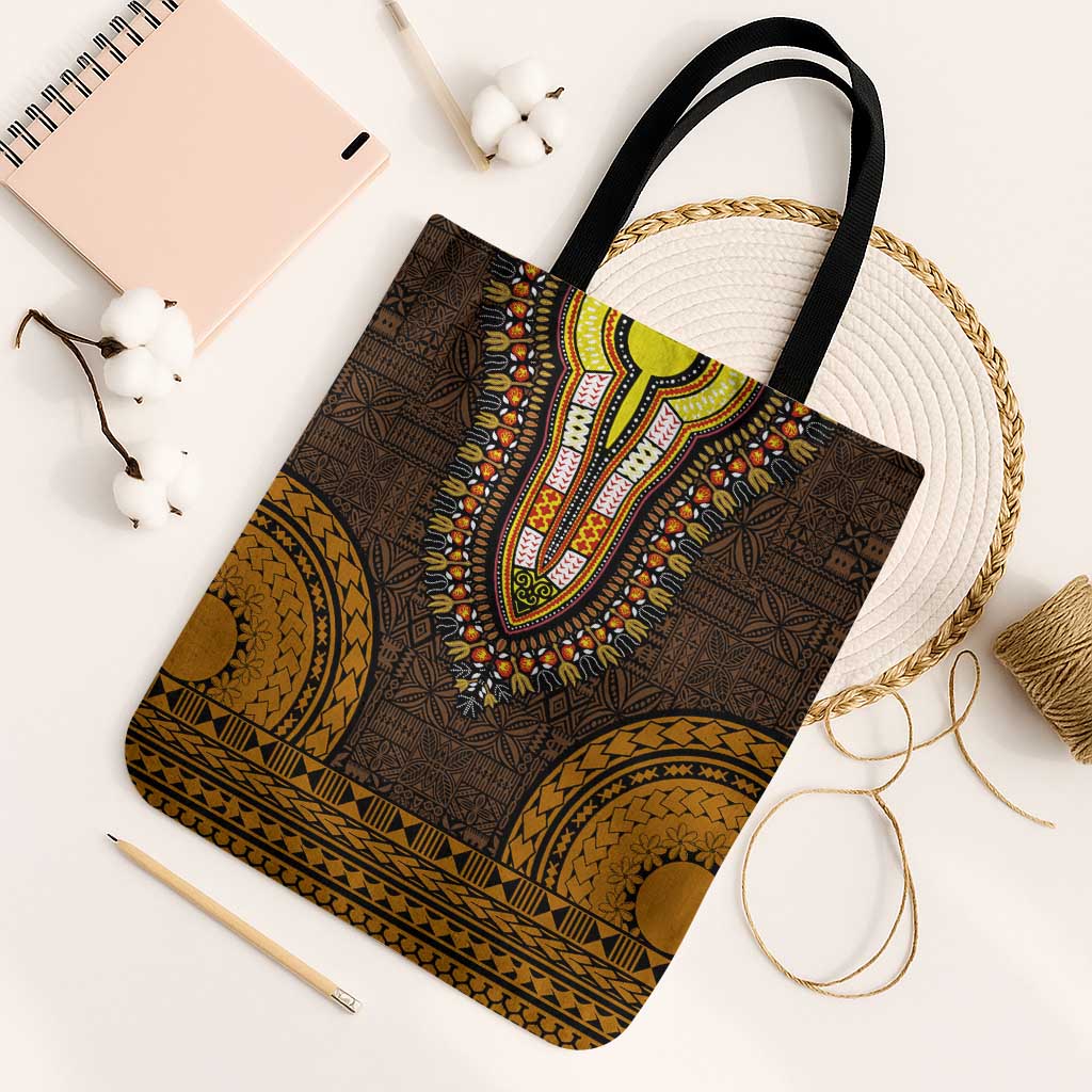 Gold Dashiki and Tapa Pattern Tote Bag Africa-Polynesia Together Culture