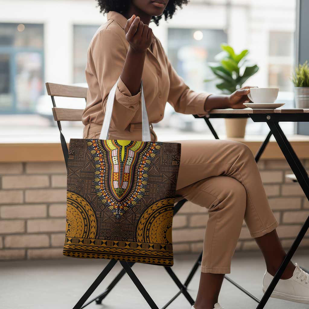 Gold Dashiki and Tapa Pattern Tote Bag Africa-Polynesia Together Culture