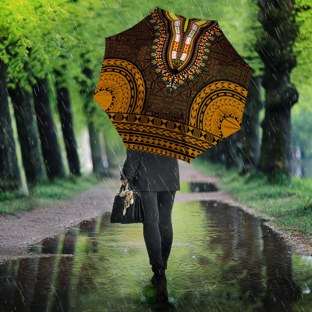 Gold Dashiki and Tapa Pattern Umbrella Africa-Polynesia Together Culture