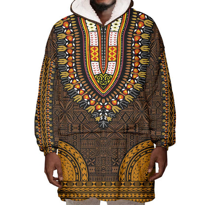 Gold Dashiki and Tapa Pattern Wearable Blanket Hoodie Africa-Polynesia Together Culture