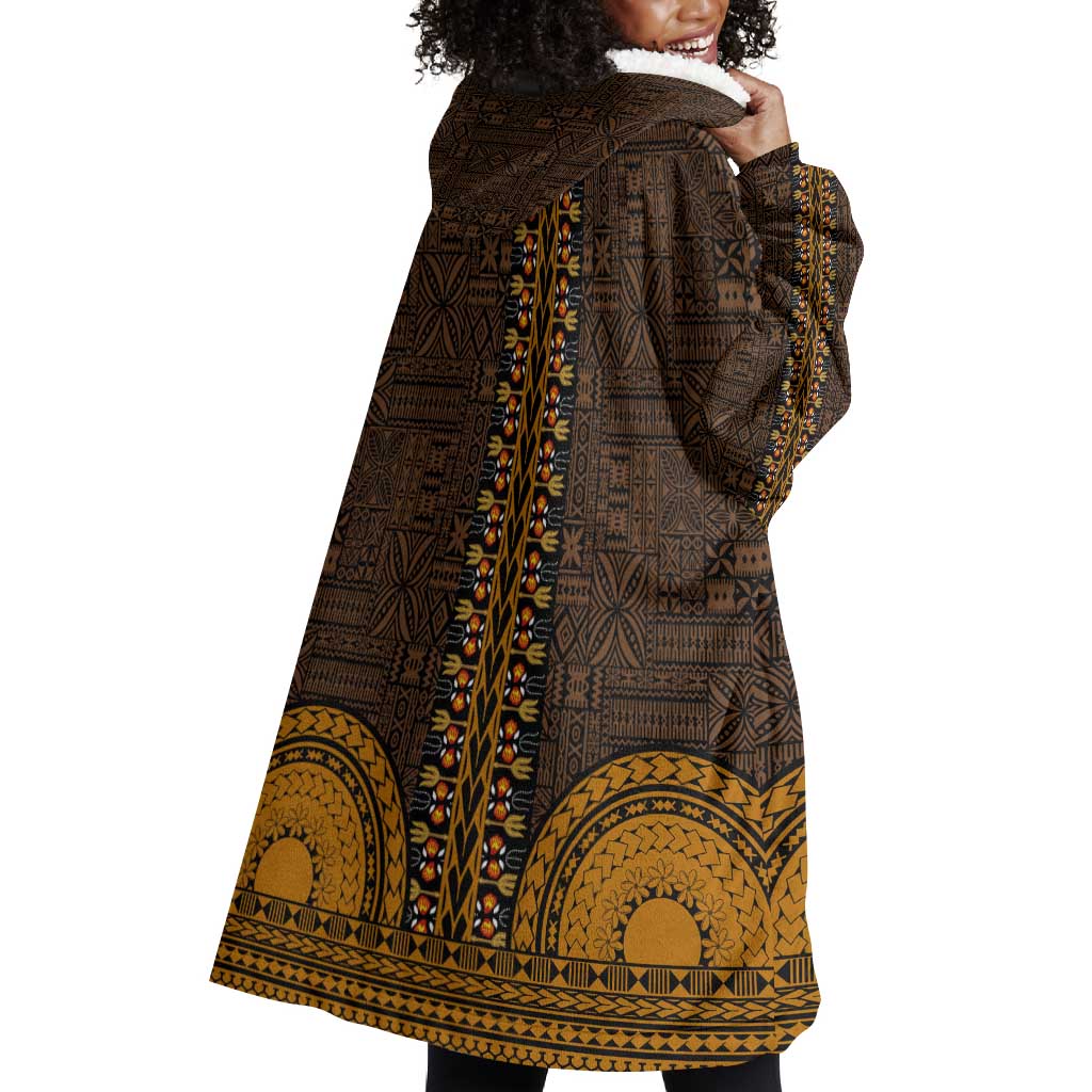 Gold Dashiki and Tapa Pattern Wearable Blanket Hoodie Africa-Polynesia Together Culture