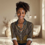 Gold Dashiki and Tapa Pattern Women Casual Shirt Africa-Polynesia Together Culture LT9