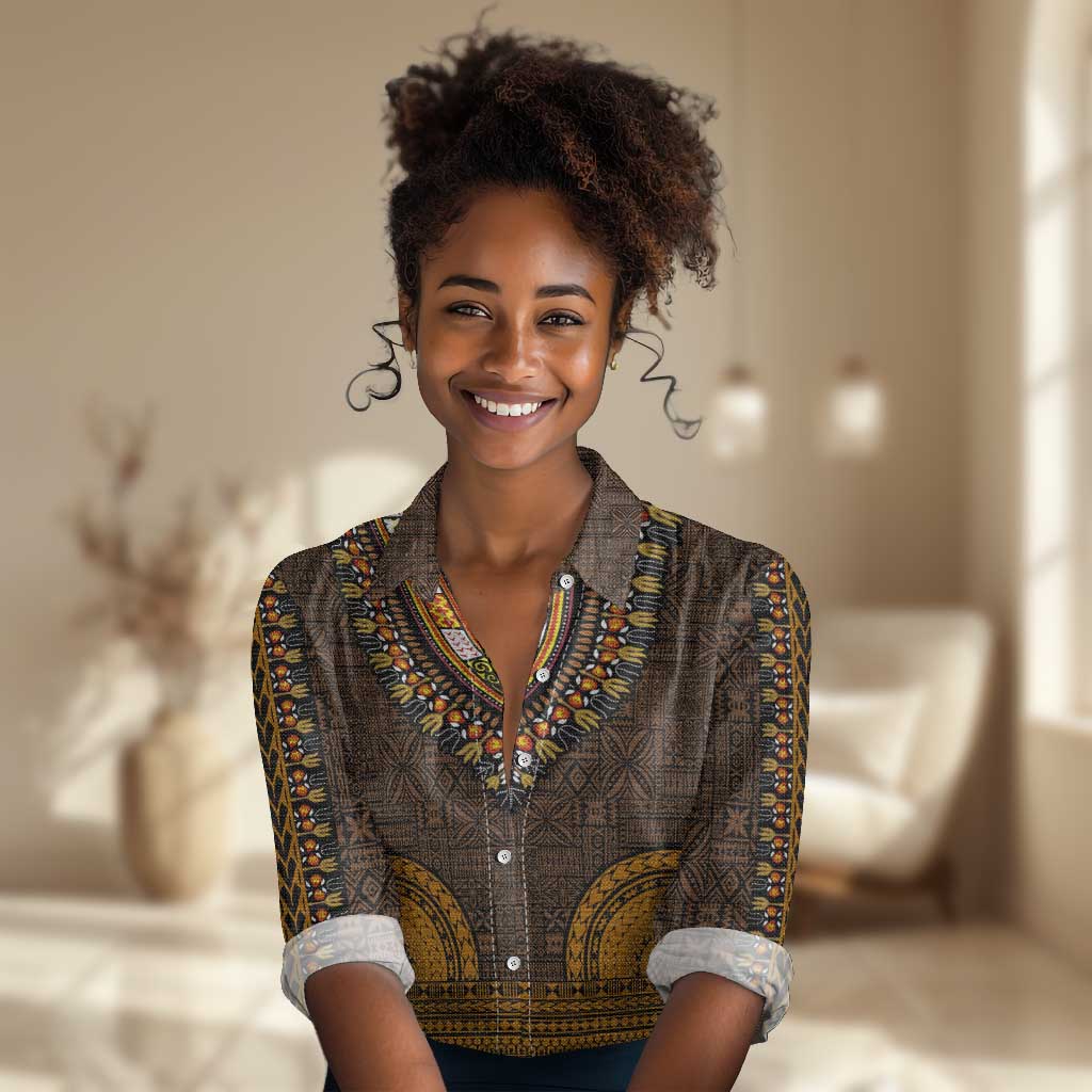 Gold Dashiki and Tapa Pattern Women Casual Shirt Africa-Polynesia Together Culture