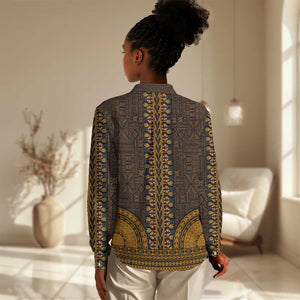 Gold Dashiki and Tapa Pattern Women Casual Shirt Africa-Polynesia Together Culture