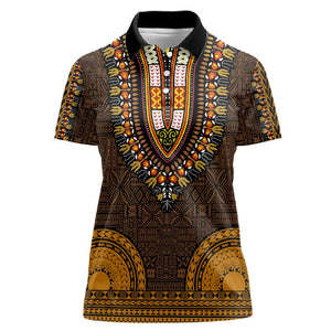 Gold Dashiki and Tapa Pattern Women Polo Shirt Africa-Polynesia Together Culture