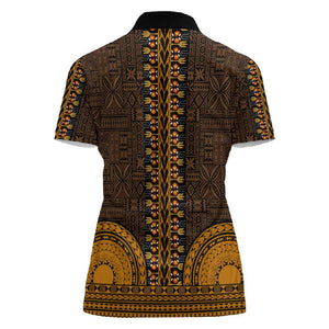 Gold Dashiki and Tapa Pattern Women Polo Shirt Africa-Polynesia Together Culture