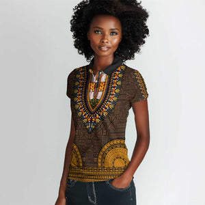 Gold Dashiki and Tapa Pattern Women Polo Shirt Africa-Polynesia Together Culture