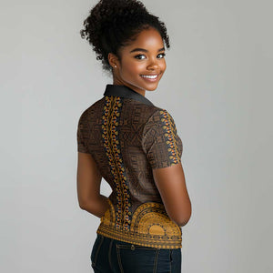 Gold Dashiki and Tapa Pattern Women Polo Shirt Africa-Polynesia Together Culture