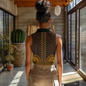 Gold Dashiki and Tapa Pattern Women Sleeveless Polo Shirt Africa-Polynesia Together Culture