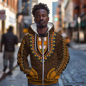 Gold Dashiki and Tapa Pattern Zip Hoodie Africa-Polynesia Together Culture