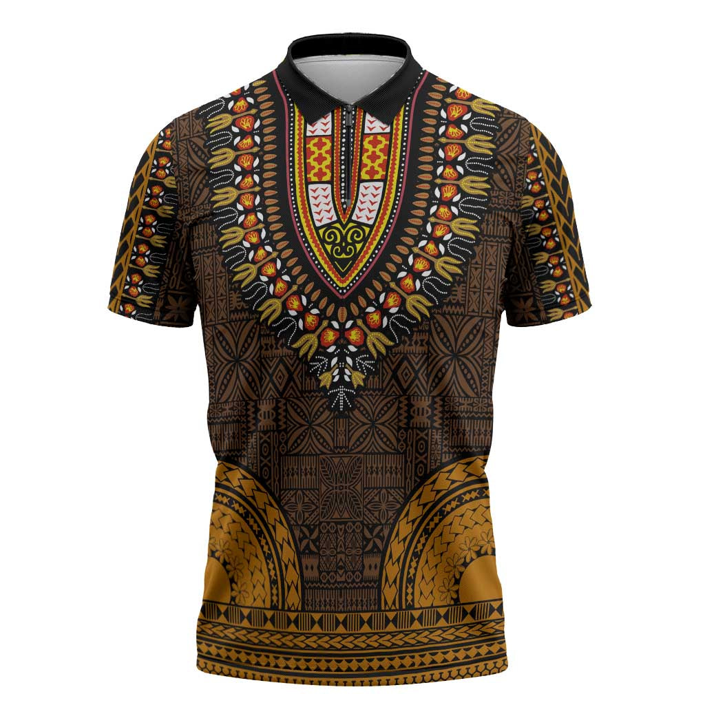 Gold Dashiki and Tapa Pattern Zipper Polo Shirt Africa-Polynesia Together Culture
