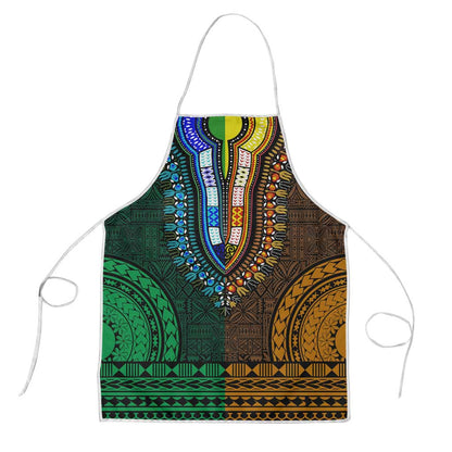 Green-gold Dashiki and Tapa Pattern Apron Africa-Polynesia Together Culture