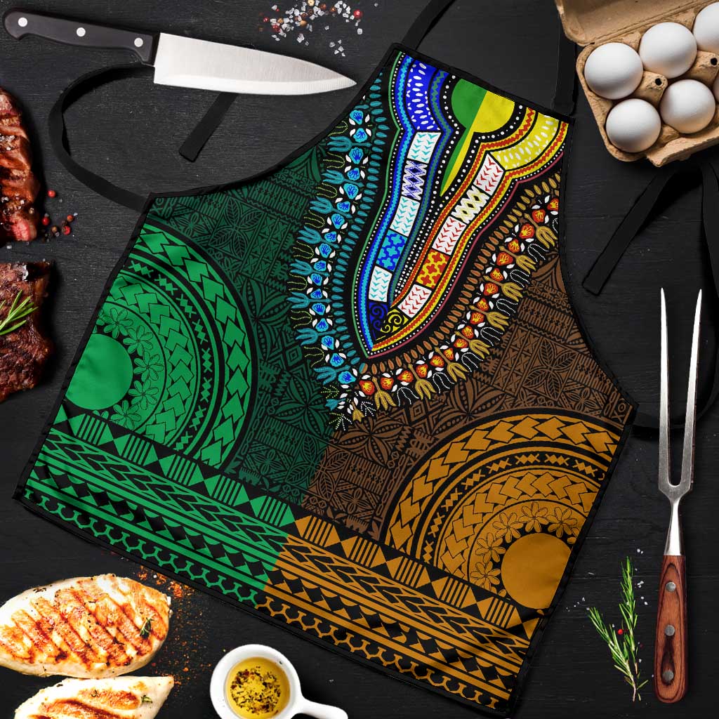 Green-gold Dashiki and Tapa Pattern Apron Africa-Polynesia Together Culture