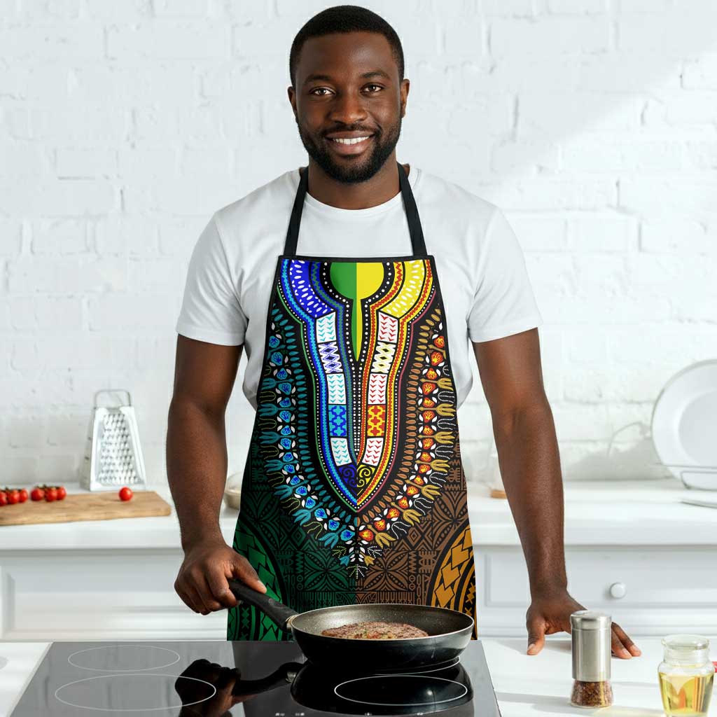 Green-gold Dashiki and Tapa Pattern Apron Africa-Polynesia Together Culture