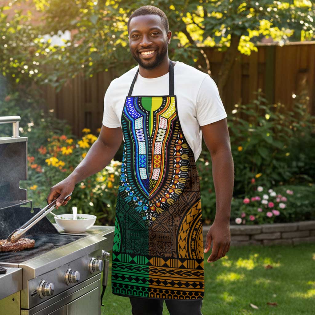 Green-gold Dashiki and Tapa Pattern Apron Africa-Polynesia Together Culture