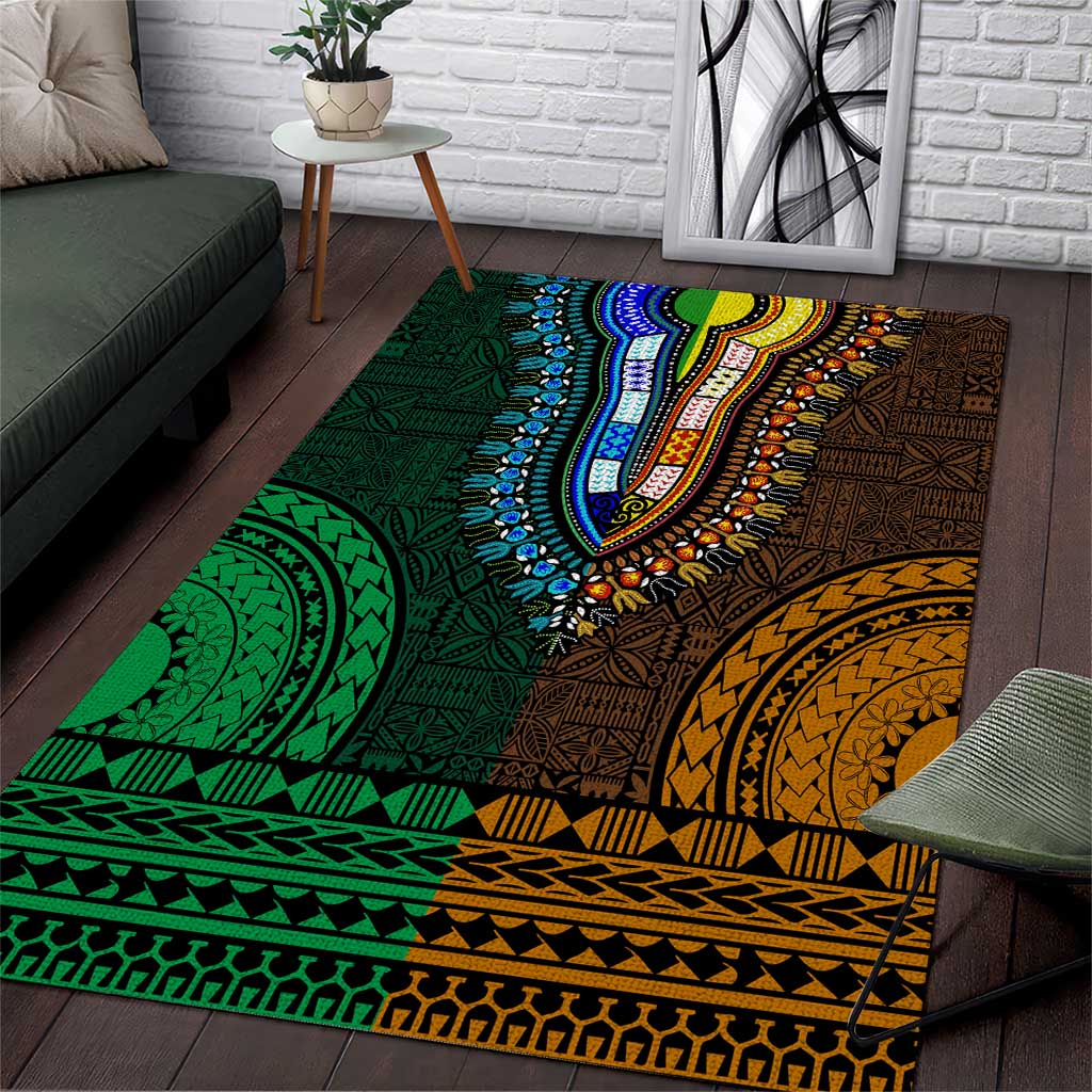 Green-gold Dashiki and Tapa Pattern Area Rug Africa-Polynesia Together Culture