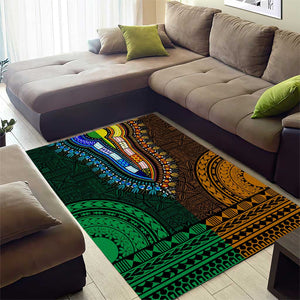 Green-gold Dashiki and Tapa Pattern Area Rug Africa-Polynesia Together Culture