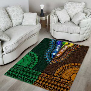 Green-gold Dashiki and Tapa Pattern Area Rug Africa-Polynesia Together Culture